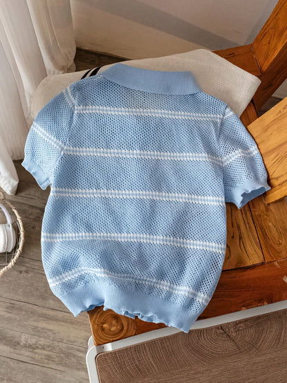Boys' Casual Striped Hollow Out Collar Knit Sweater Short Sleeve Lightweight Pullover, Suitable For School, Daily Wear, Spring, Summer, Autumn