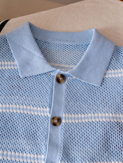 Boys' Casual Striped Hollow Out Collar Knit Sweater Short Sleeve Lightweight Pullover, Suitable For School, Daily Wear, Spring, Summer, Autumn