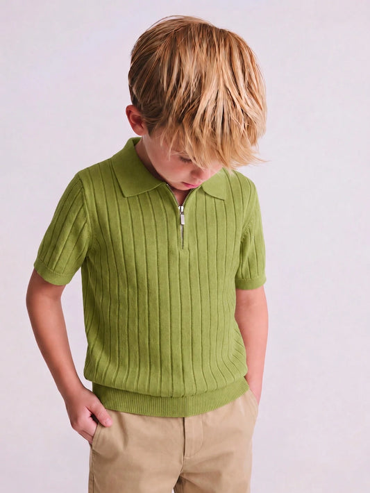 Boys' Solid Color Cable Knit Short Sleeve Half Zip Lightweight Sweater, Suitable For School, Daily Wear In Spring, Summer And Autumn
