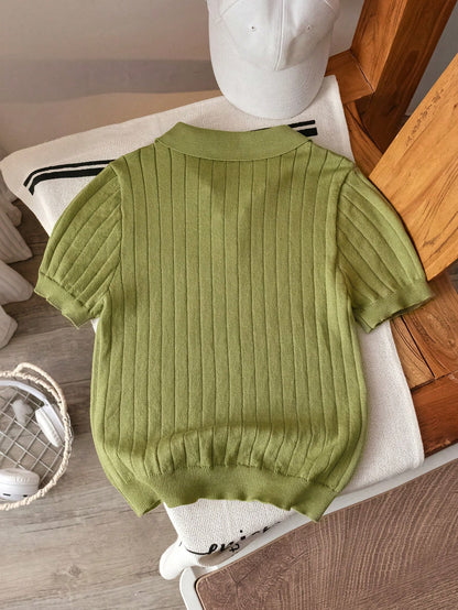 Boys' Solid Color Cable Knit Short Sleeve Half Zip Lightweight Sweater, Suitable For School, Daily Wear In Spring, Summer And Autumn