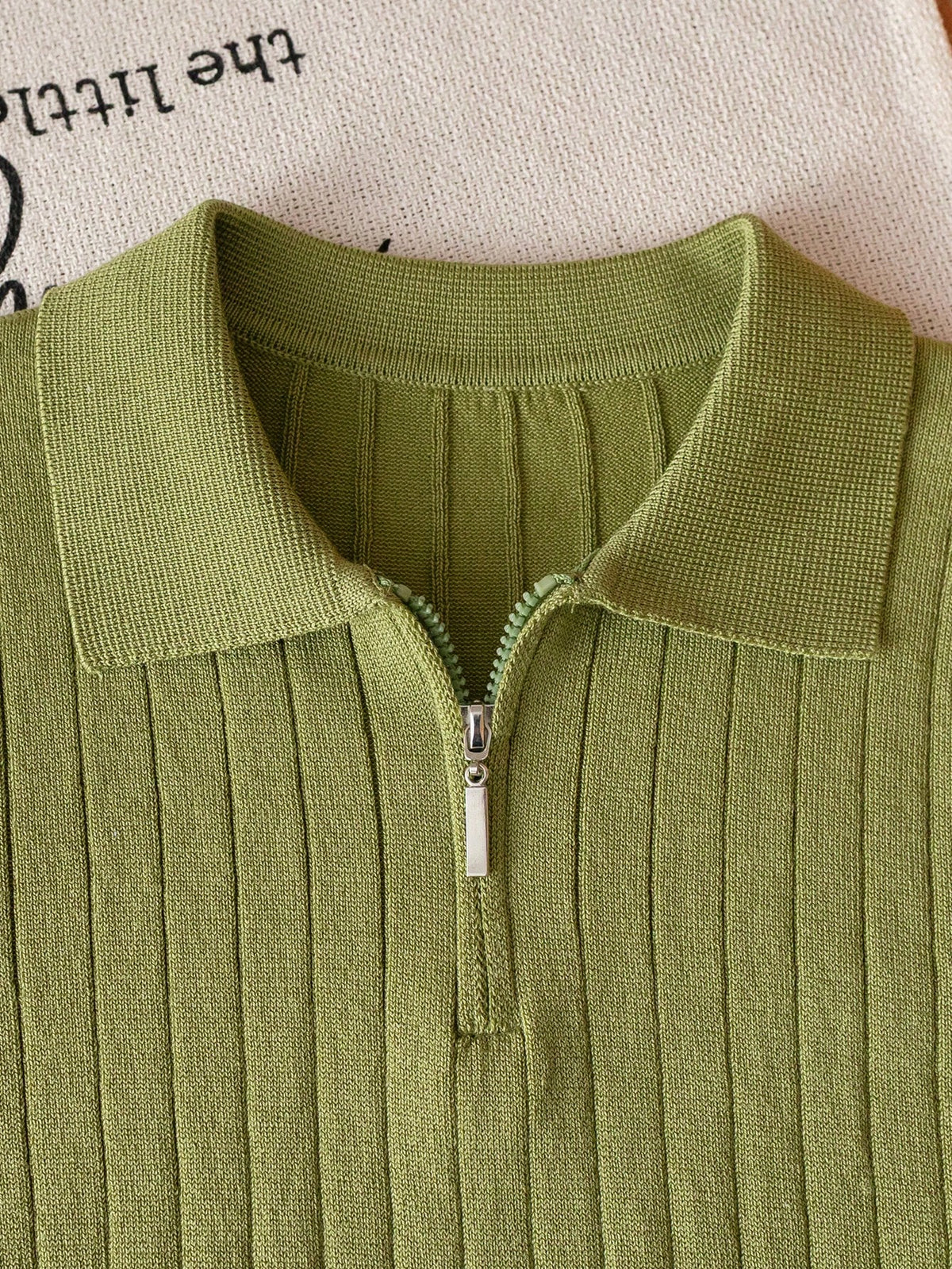 Boys' Solid Color Cable Knit Short Sleeve Half Zip Lightweight Sweater, Suitable For School, Daily Wear In Spring, Summer And Autumn