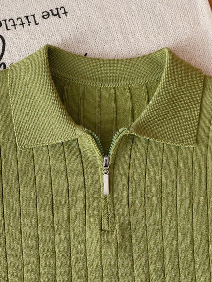 Boys' Solid Color Cable Knit Short Sleeve Half Zip Lightweight Sweater, Suitable For School, Daily Wear In Spring, Summer And Autumn