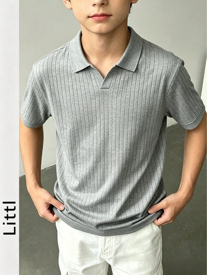 Boys' Teen Student Casual Solid Color Crew Neck Pullover Ribbed Knit Short Sleeve T-Shirt Spring Summer Top