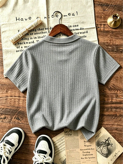 Boys' Teen Student Casual Solid Color Crew Neck Pullover Ribbed Knit Short Sleeve T-Shirt Spring Summer Top