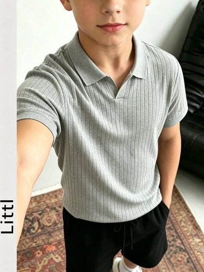 Boys' Teen Student Casual Solid Color Crew Neck Pullover Ribbed Knit Short Sleeve T-Shirt Spring Summer Top