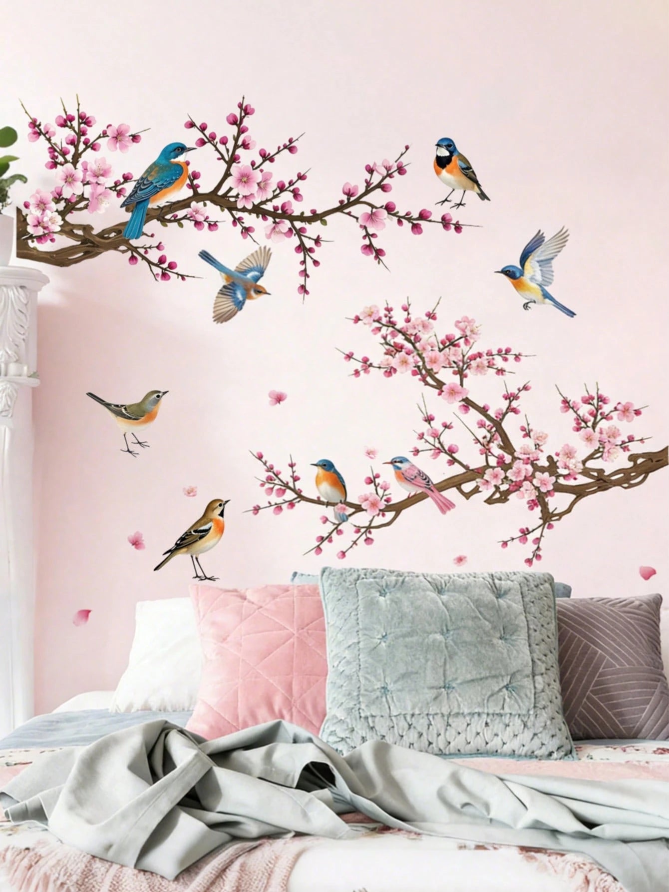 Branching Bird Cherry Blossom Wall Stickers Self-Adhesive Living Room Home Decor Wall Decals Entrance Decorative Beautification