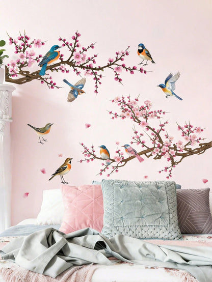 Branching Bird Cherry Blossom Wall Stickers Self-Adhesive Living Room Home Decor Wall Decals Entrance Decorative Beautification
