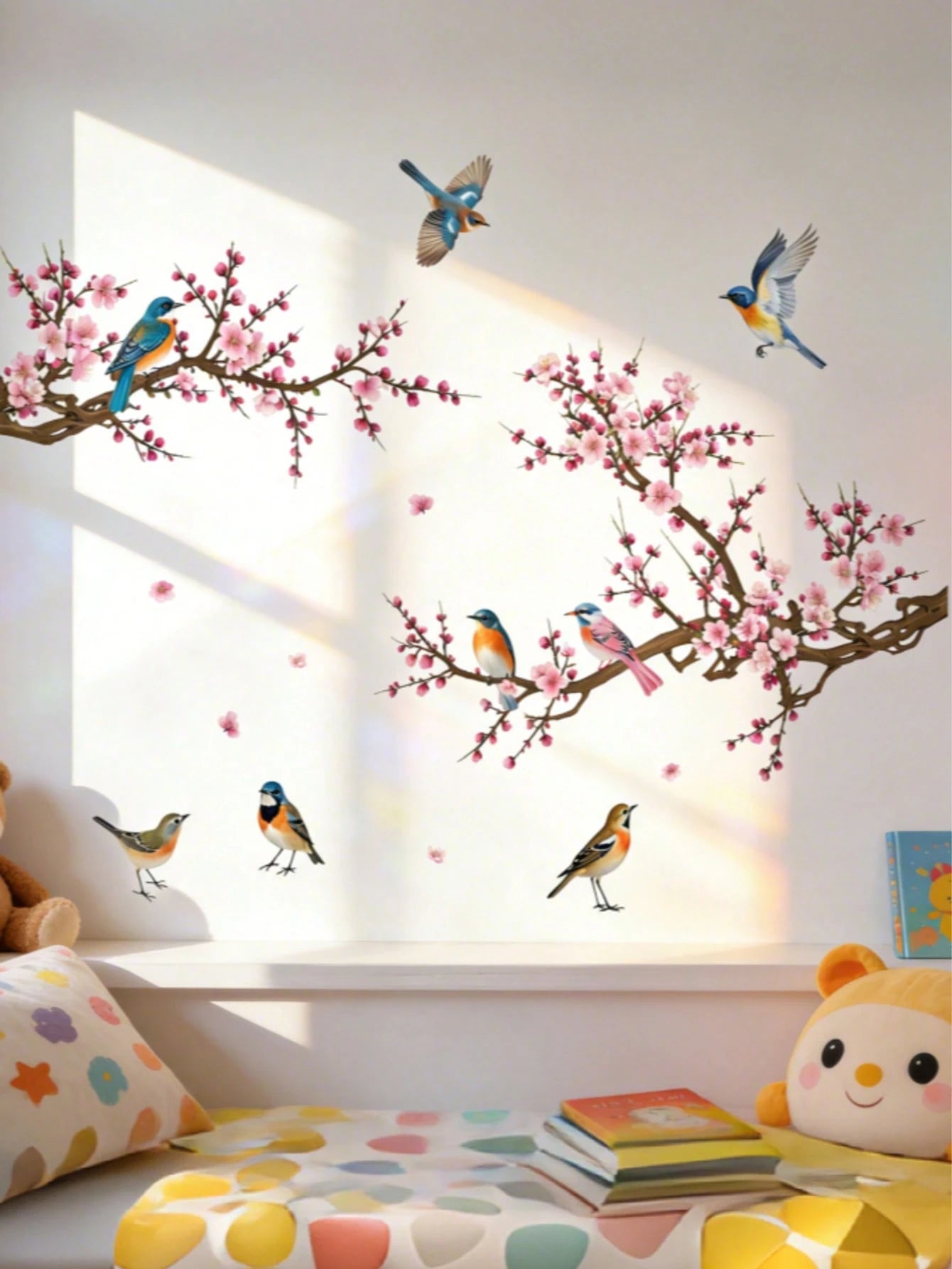 Branching Bird Cherry Blossom Wall Stickers Self-Adhesive Living Room Home Decor Wall Decals Entrance Decorative Beautification