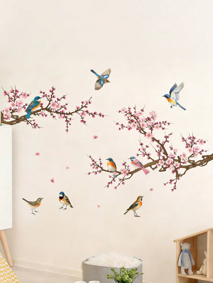 Branching Bird Cherry Blossom Wall Stickers Self-Adhesive Living Room Home Decor Wall Decals Entrance Decorative Beautification