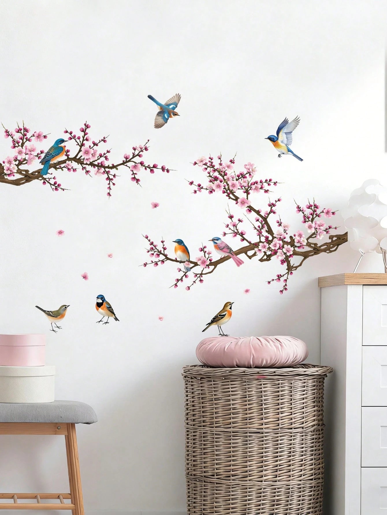 Branching Bird Cherry Blossom Wall Stickers Self-Adhesive Living Room Home Decor Wall Decals Entrance Decorative Beautification