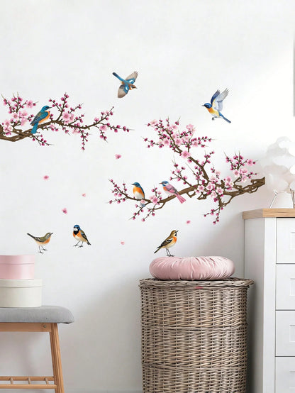 Branching Bird Cherry Blossom Wall Stickers Self-Adhesive Living Room Home Decor Wall Decals Entrance Decorative Beautification