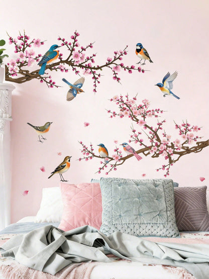 Branching Bird Cherry Blossom Wall Stickers Self-Adhesive Living Room Home Decor Wall Decals Entrance Decorative Beautification