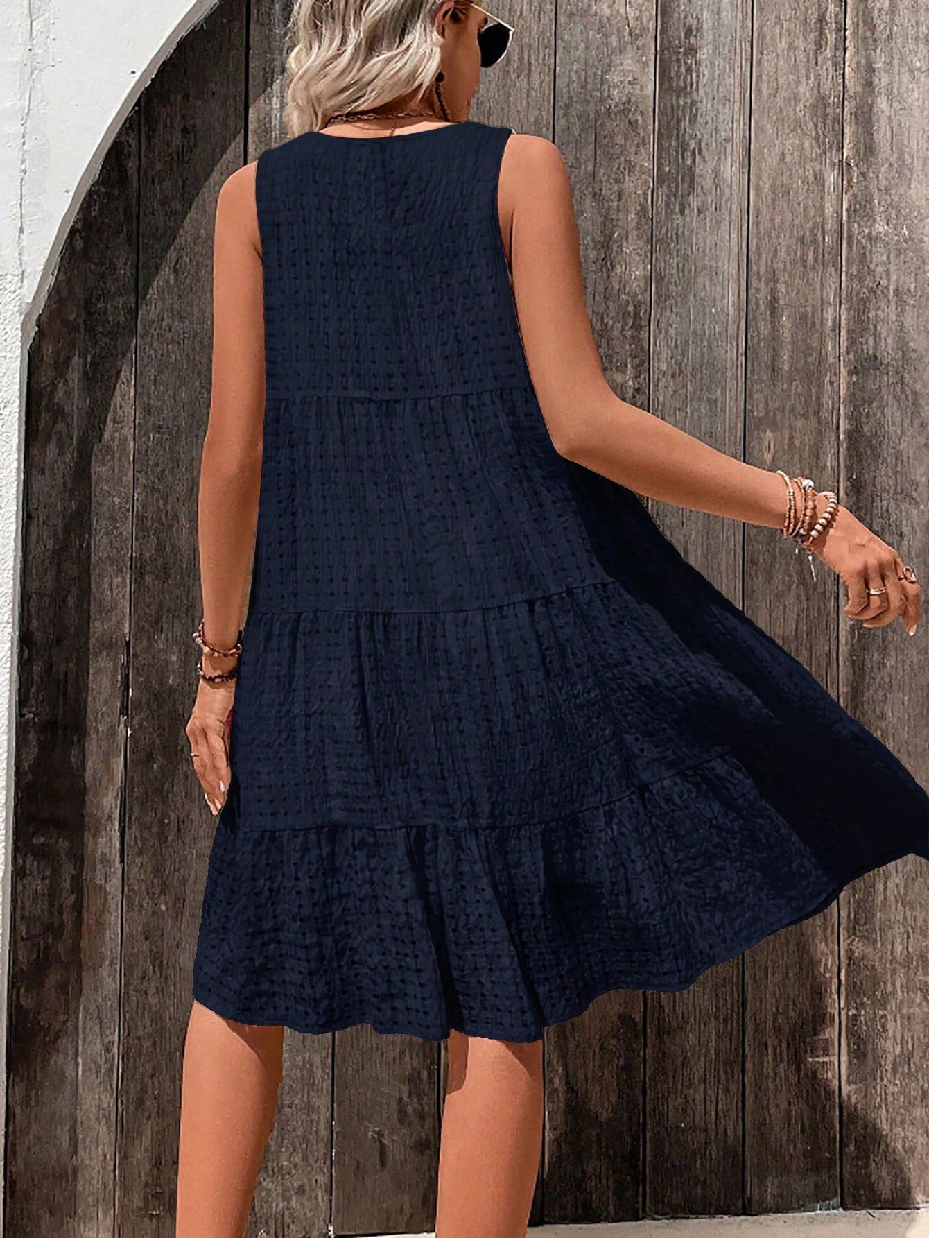 Breezaya Elegant Navy Blue Sleeveless Round Neck Smocked Woven Fabric Midi Dress With Flounce Hem For Women