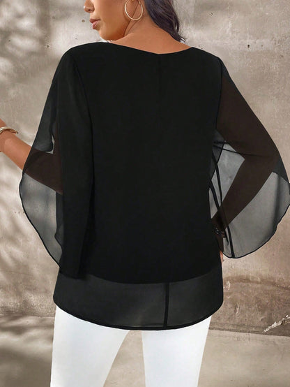 Breezaya Plus Size Women's Cap Sleeve Sheer Elegant Blouse