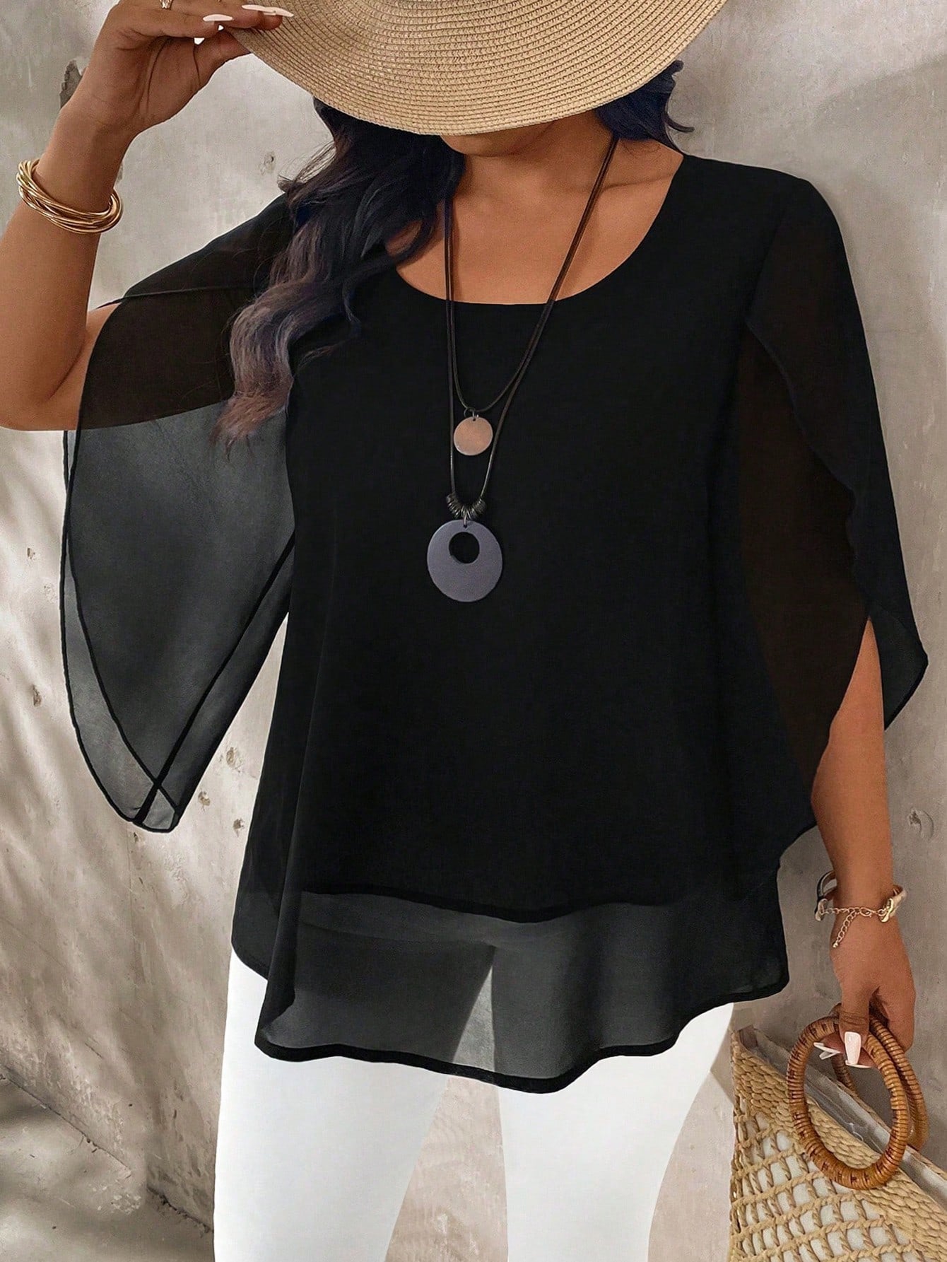 Breezaya Plus Size Women's Cap Sleeve Sheer Elegant Blouse