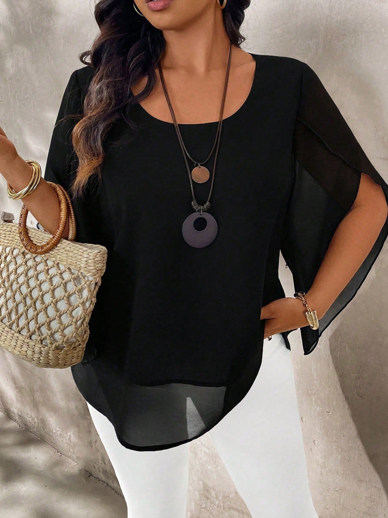 Breezaya Plus Size Women's Cap Sleeve Sheer Elegant Blouse