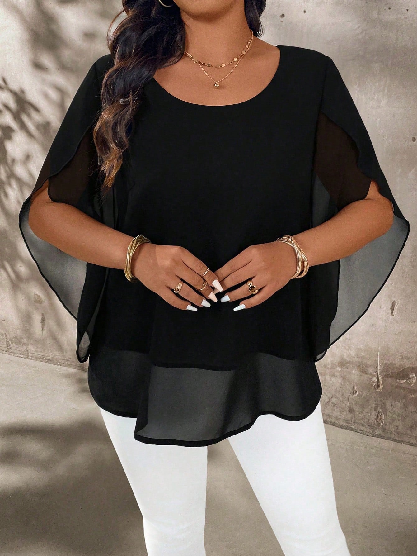 Breezaya Plus Size Women's Cap Sleeve Sheer Elegant Blouse