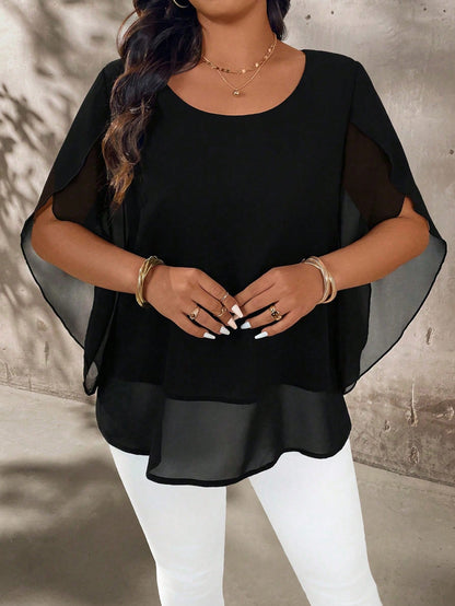 Breezaya Plus Size Women's Cap Sleeve Sheer Elegant Blouse