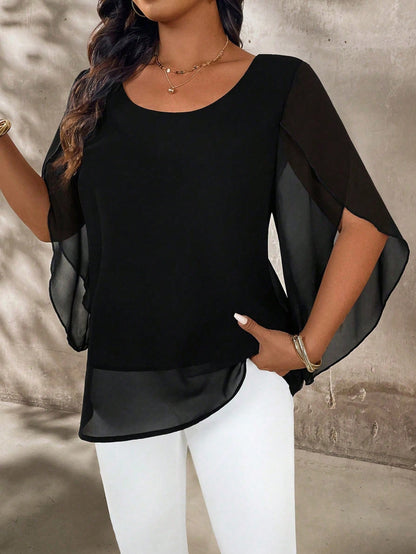 Breezaya Plus Size Women's Cap Sleeve Sheer Elegant Blouse