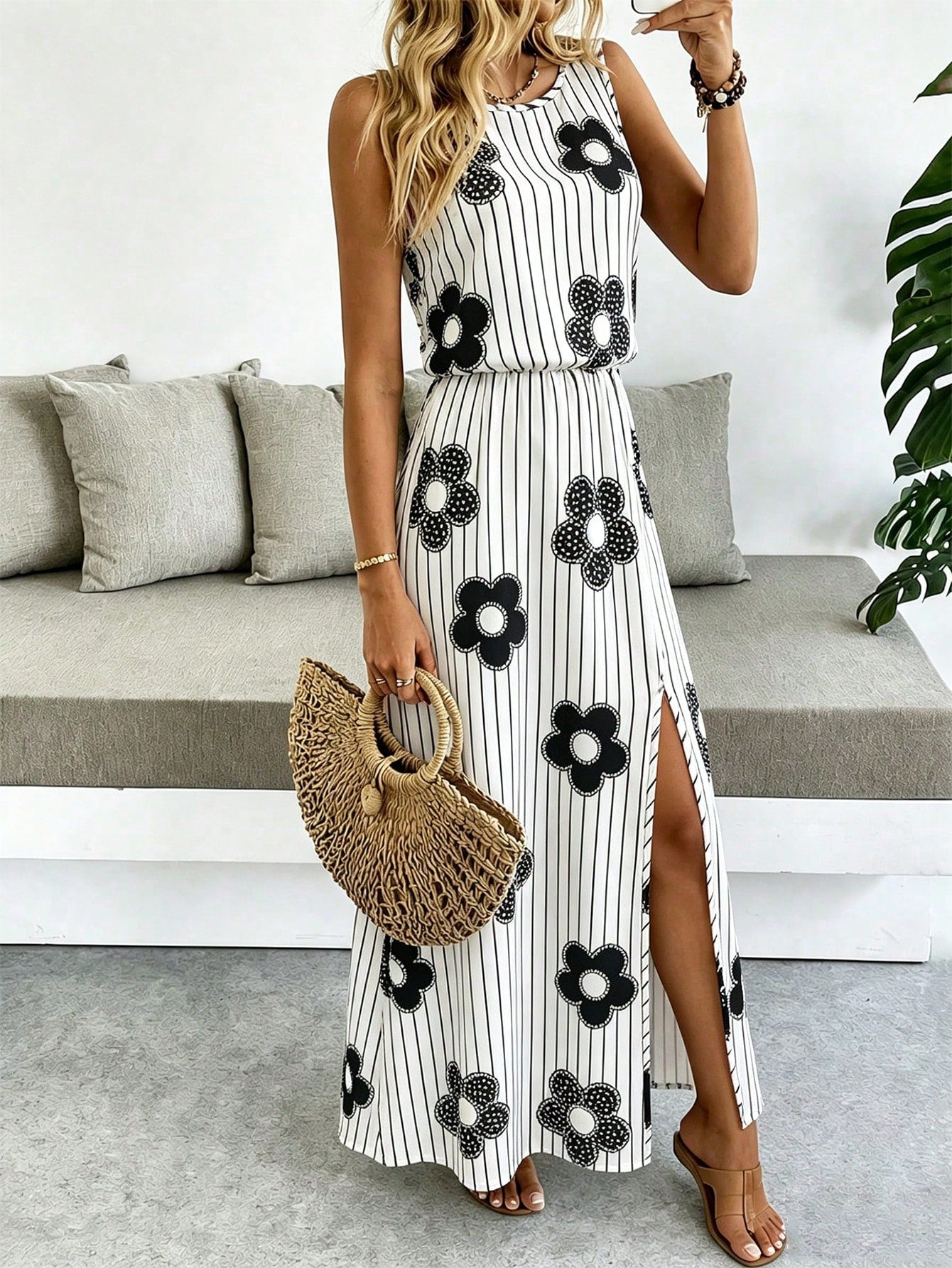Breezaya Sleeveless Round Neck Solid Color Casual & Commute Dress With Cinched Waist And Split Hem For Women Maxi Women Outfit