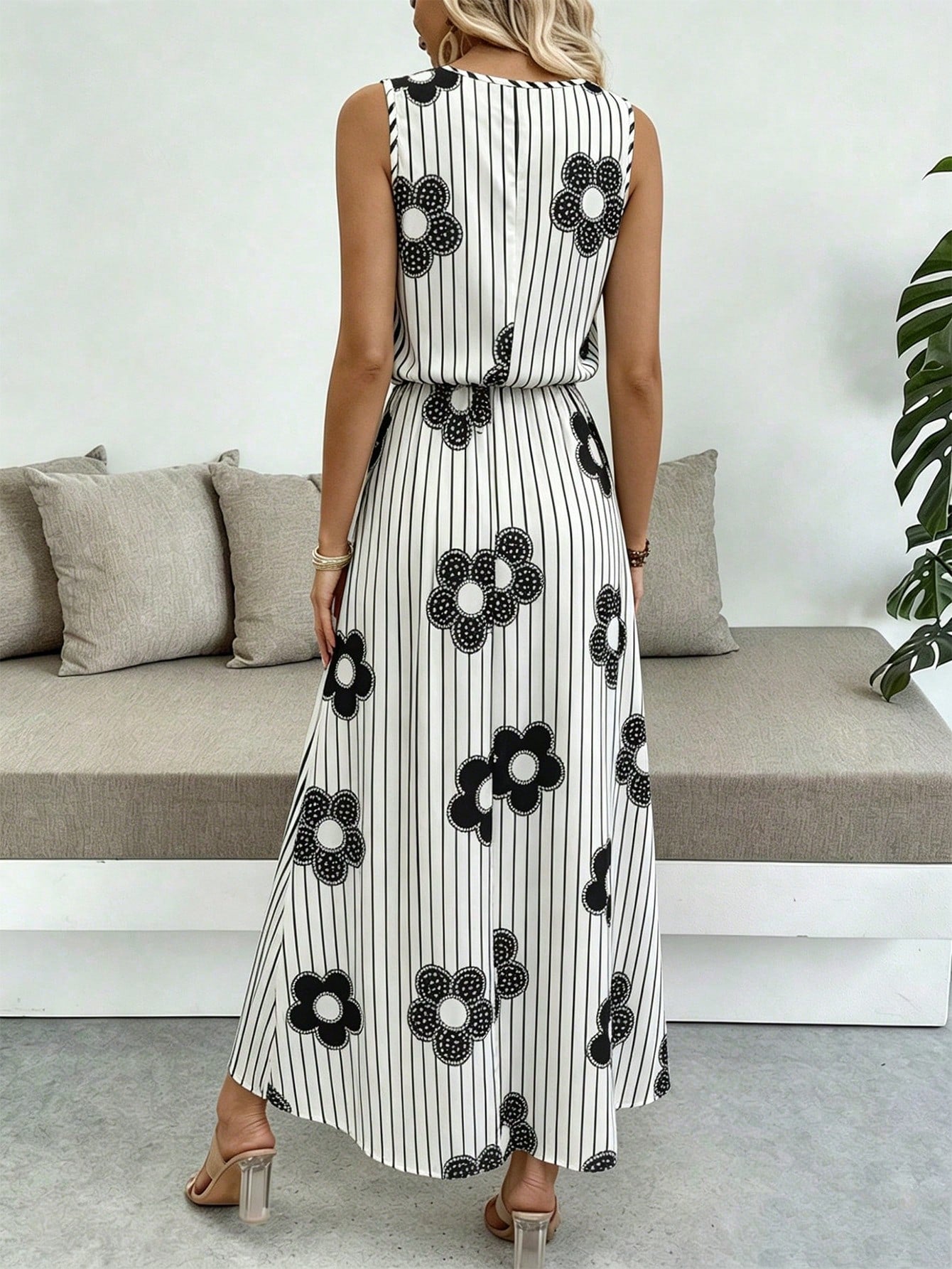 Breezaya Sleeveless Round Neck Solid Color Casual & Commute Dress With Cinched Waist And Split Hem For Women Maxi Women Outfit