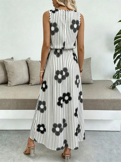 Breezaya Sleeveless Round Neck Solid Color Casual & Commute Dress With Cinched Waist And Split Hem For Women Maxi Women Outfit