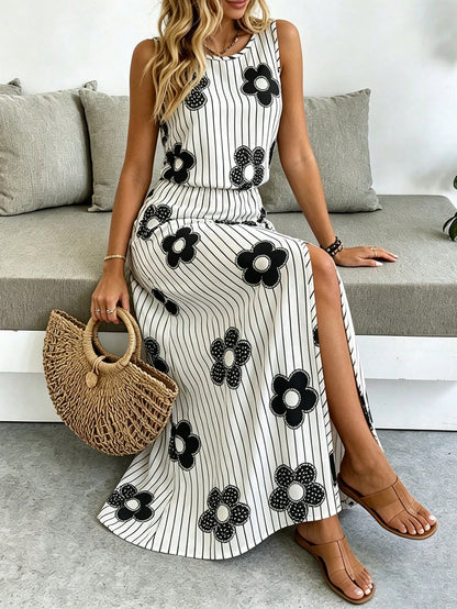 Breezaya Sleeveless Round Neck Solid Color Casual & Commute Dress With Cinched Waist And Split Hem For Women Maxi Women Outfit