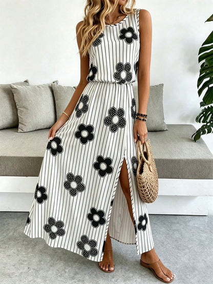 Breezaya Sleeveless Round Neck Solid Color Casual & Commute Dress With Cinched Waist And Split Hem For Women Maxi Women Outfit
