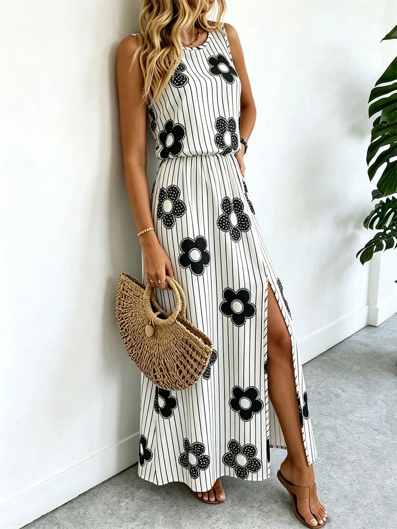 Breezaya Sleeveless Round Neck Solid Color Casual & Commute Dress With Cinched Waist And Split Hem For Women Maxi Women Outfit