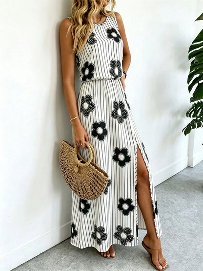 Breezaya Sleeveless Round Neck Solid Color Casual & Commute Dress With Cinched Waist And Split Hem For Women Maxi Women Outfit
