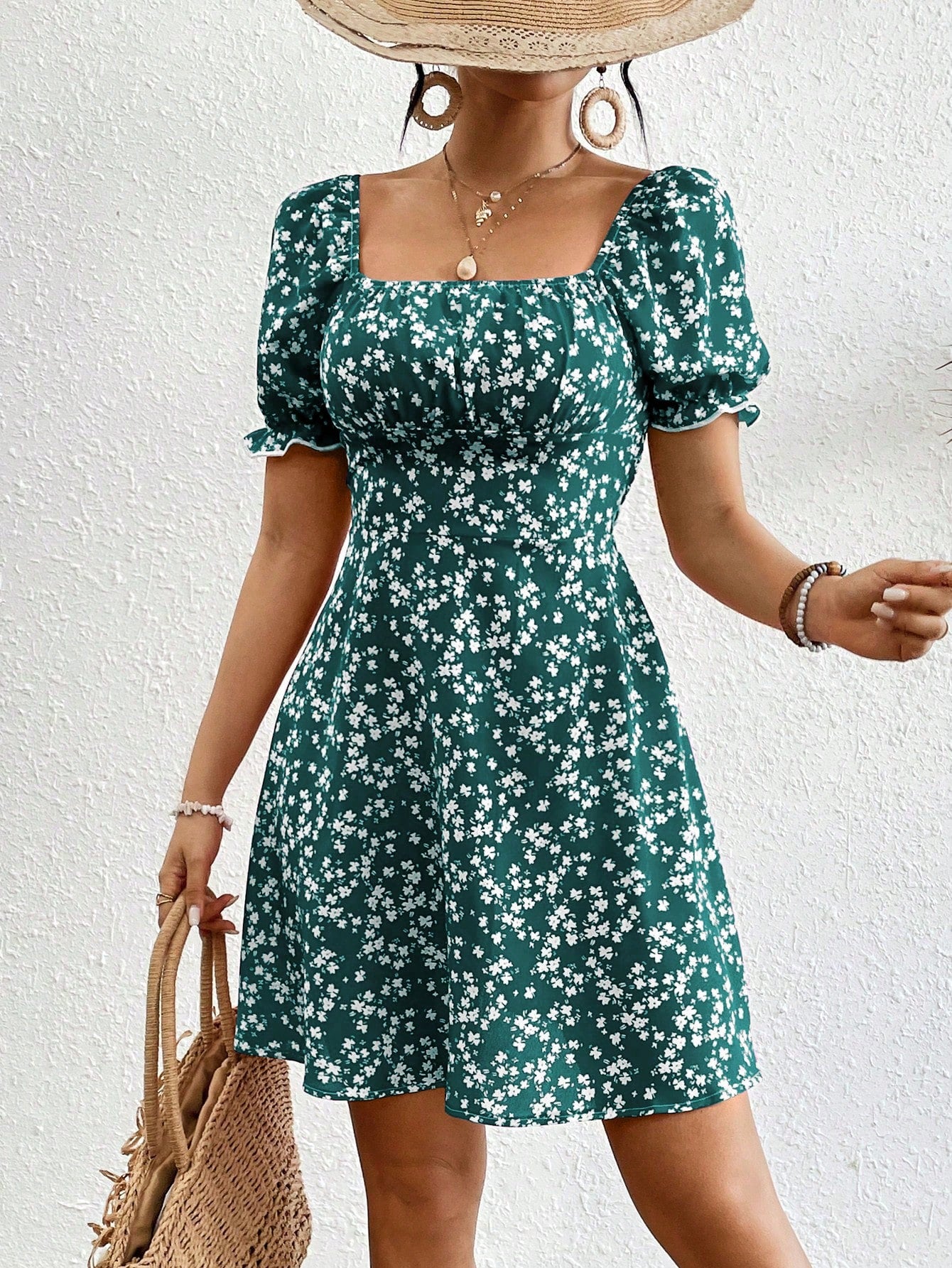 Breezaya Women's Square Neck Floral Print Dress