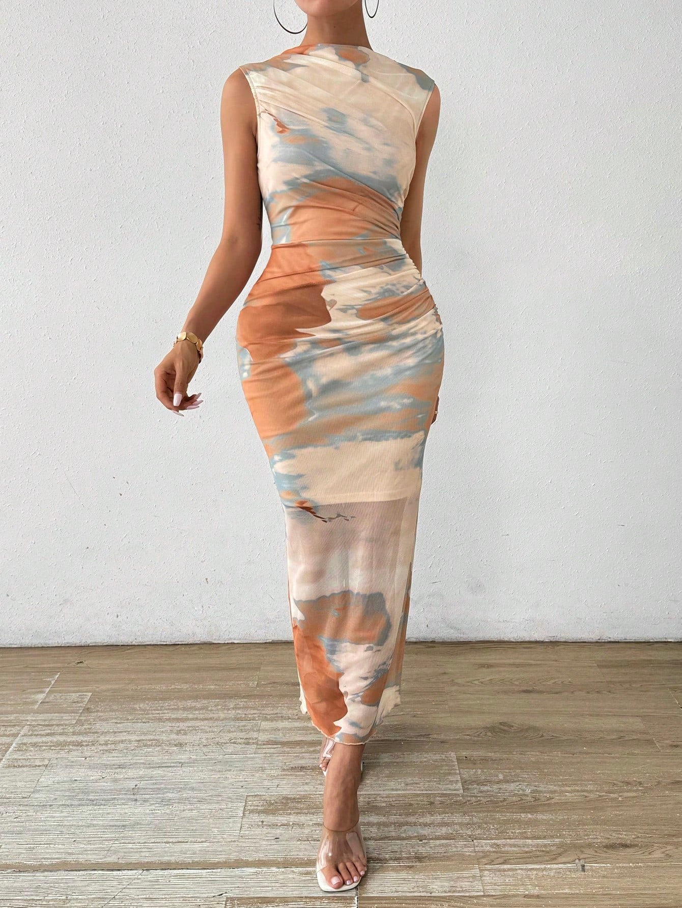 Breezaya Women's Summer Tie Dye Print Stand Collar Pleated Slim Long Elegant Dress Maxi Women Outfit