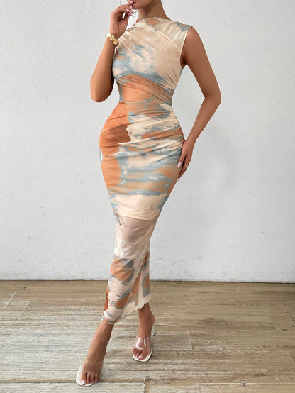 Breezaya Women's Summer Tie Dye Print Stand Collar Pleated Slim Long Elegant Dress Maxi Women Outfit