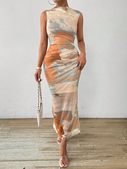 Breezaya Women's Summer Tie Dye Print Stand Collar Pleated Slim Long Elegant Dress Maxi Women Outfit