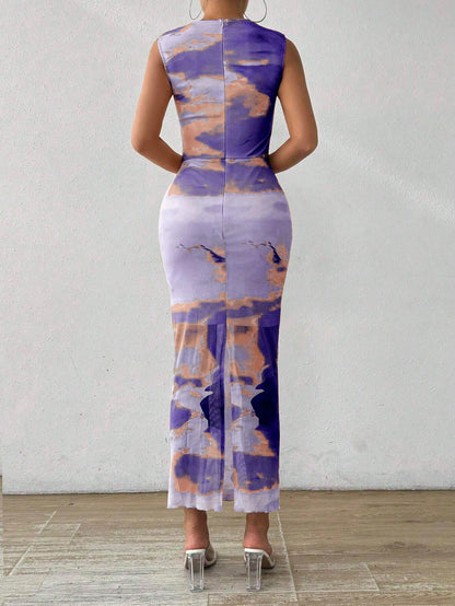 Breezaya Women's Summer Tie Dye Print Stand Collar Pleated Slim Long Elegant Dress Maxi Women Outfit
