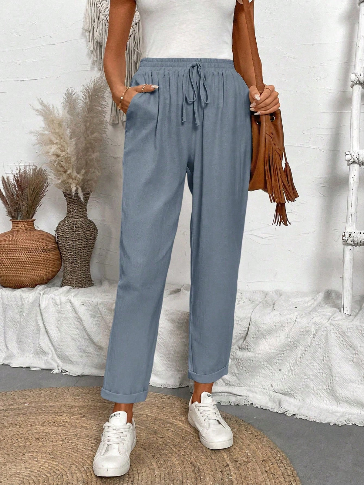 Breezaya Women Solid Color Drawstring Spring And Summer Long Pants