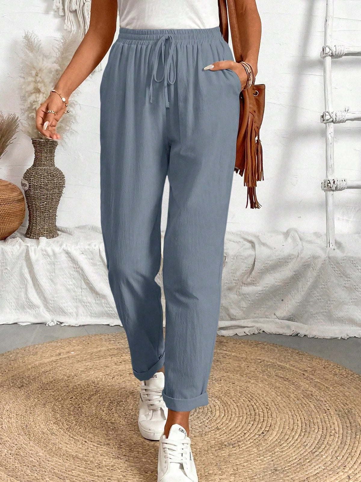 Breezaya Women Solid Color Drawstring Spring And Summer Long Pants