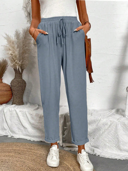 Breezaya Women Solid Color Drawstring Spring And Summer Long Pants