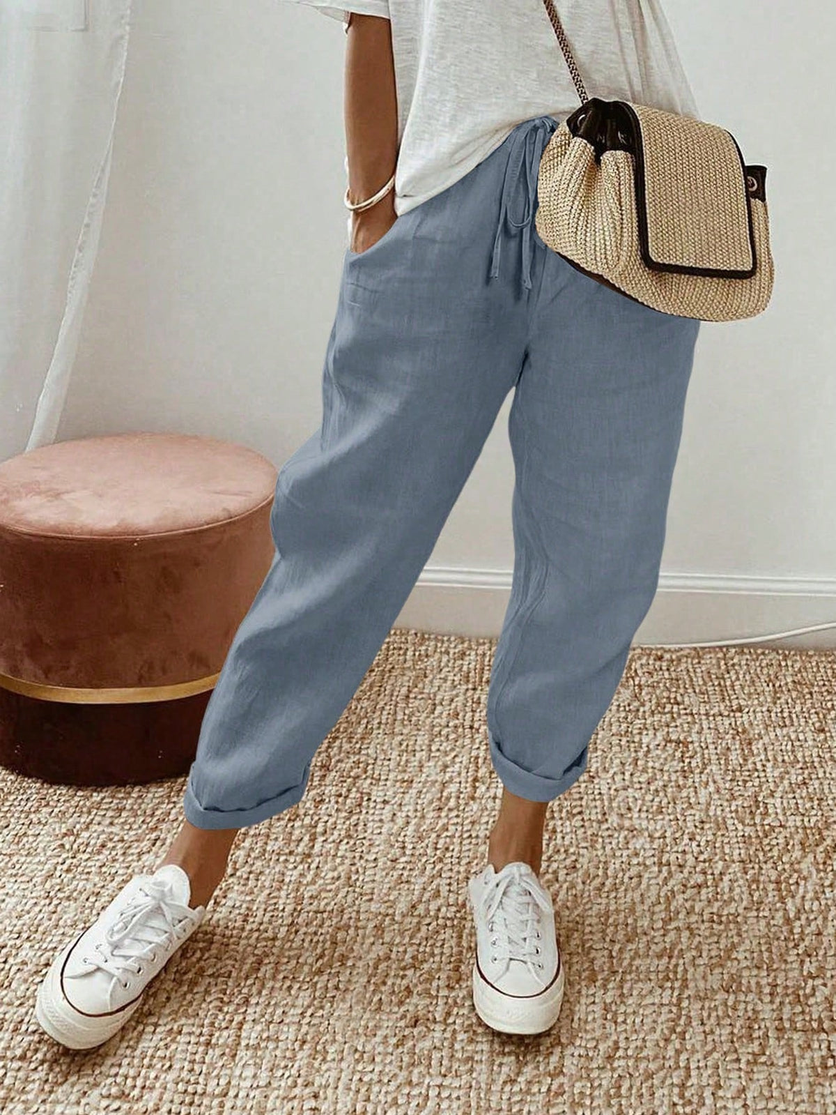 Breezaya Women Solid Color Drawstring Spring And Summer Long Pants