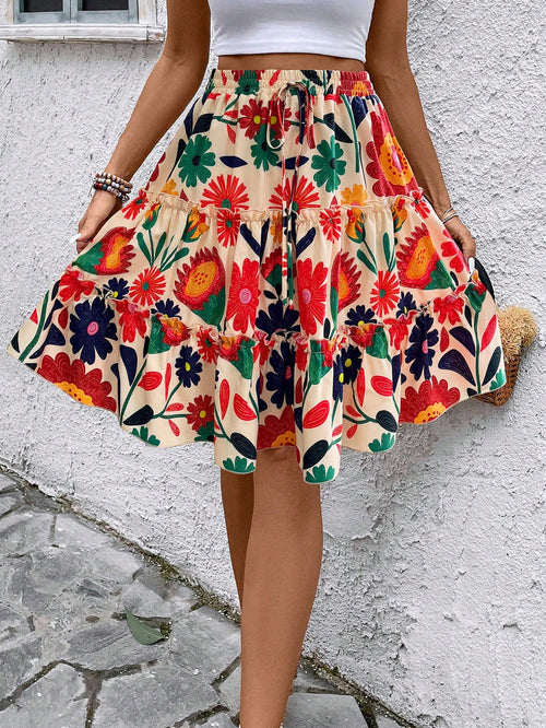 Breezaya Women Summer Ditsy Floral Ruffle Hem Mini Skirt (Random Print)