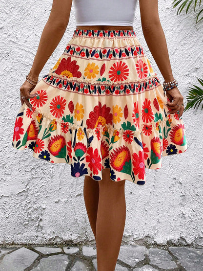 Breezaya Women Summer Ditsy Floral Ruffle Hem Mini Skirt (Random Print)