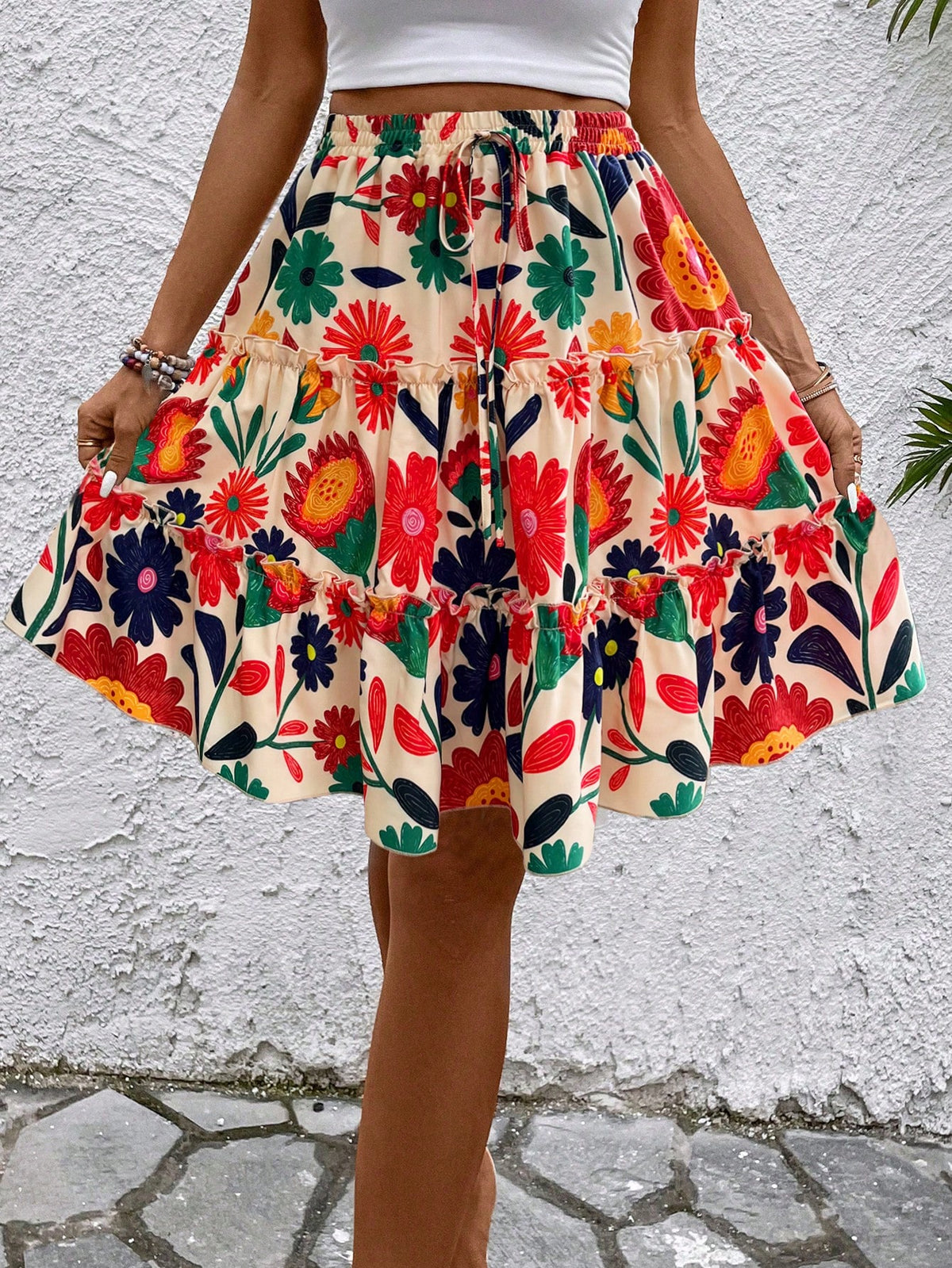 Breezaya Women Summer Ditsy Floral Ruffle Hem Mini Skirt (Random Print)