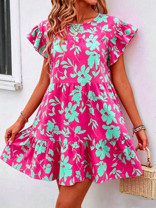 Breezaya Women Summer Solid Color Round Neck Loose Babydoll Dress With Ruffle Trim Vacation Beach Outfit