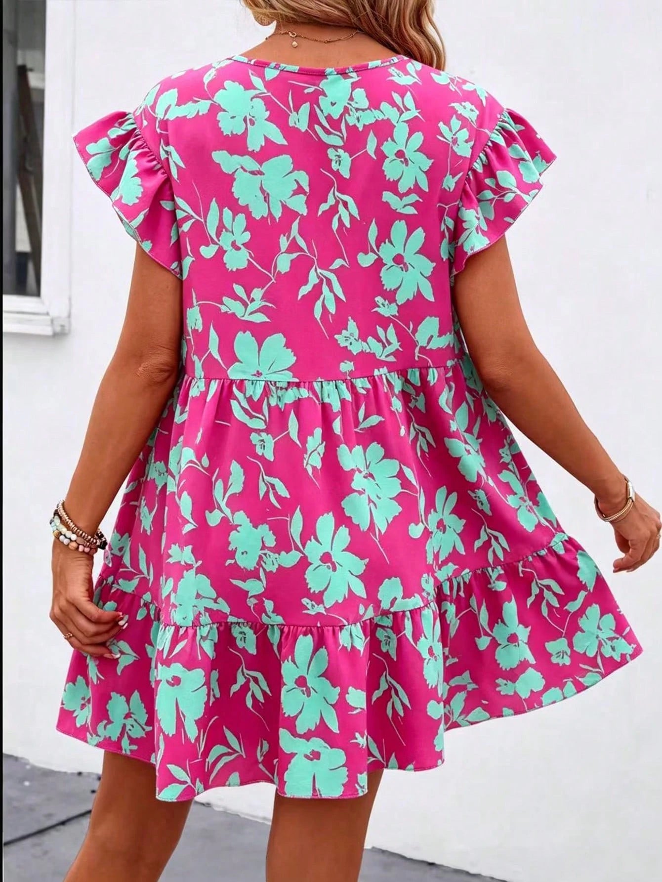 Breezaya Women Summer Solid Color Round Neck Loose Babydoll Dress With Ruffle Trim Vacation Beach Outfit