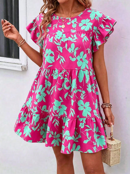 Breezaya Women Summer Solid Color Round Neck Loose Babydoll Dress With Ruffle Trim Vacation Beach Outfit