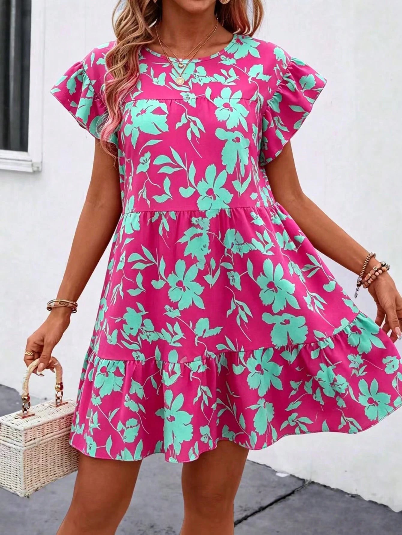 Breezaya Women Summer Solid Color Round Neck Loose Babydoll Dress With Ruffle Trim Vacation Beach Outfit