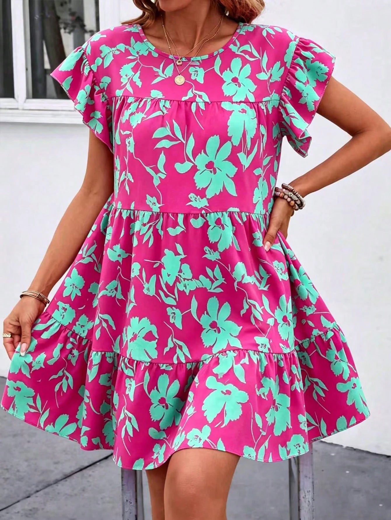 Breezaya Women Summer Solid Color Round Neck Loose Babydoll Dress With Ruffle Trim Vacation Beach Outfit