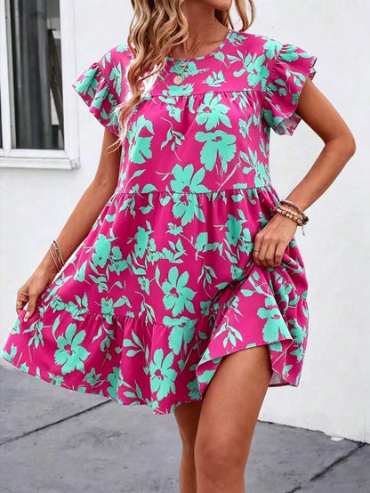 Breezaya Women Summer Solid Color Round Neck Loose Babydoll Dress With Ruffle Trim Vacation Beach Outfit