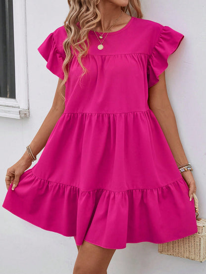 Breezaya Women Summer Solid Color Round Neck Loose Babydoll Dress With Ruffle Trim Vacation Beach Outfit