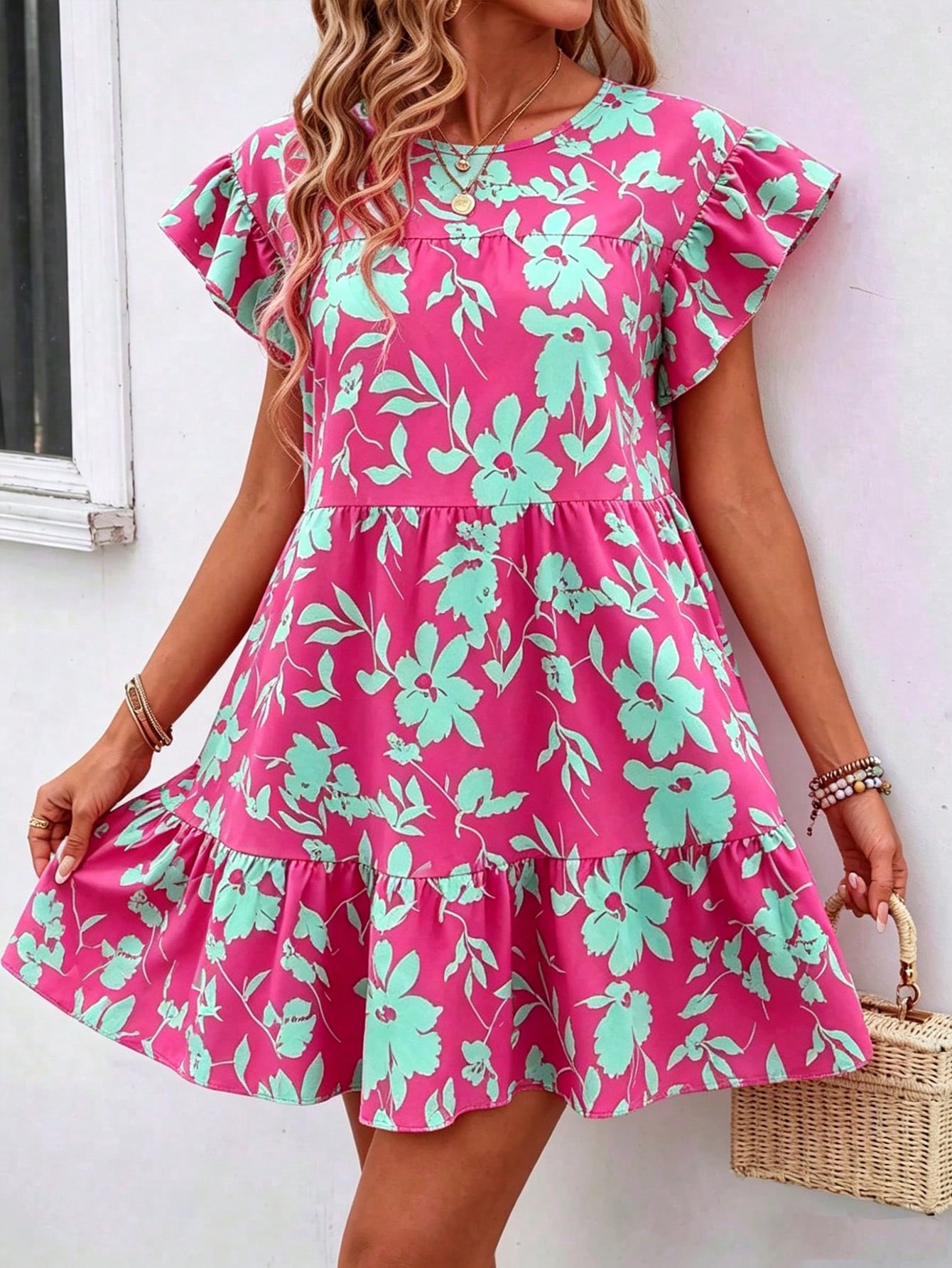 Breezaya Women Summer Solid Color Round Neck Loose Babydoll Dress With Ruffle Trim Vacation Beach Outfit